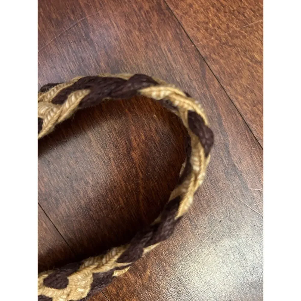 Vintage Braided Fiber and Leather Woven Belt in Brown and Tan with Metal Buckle